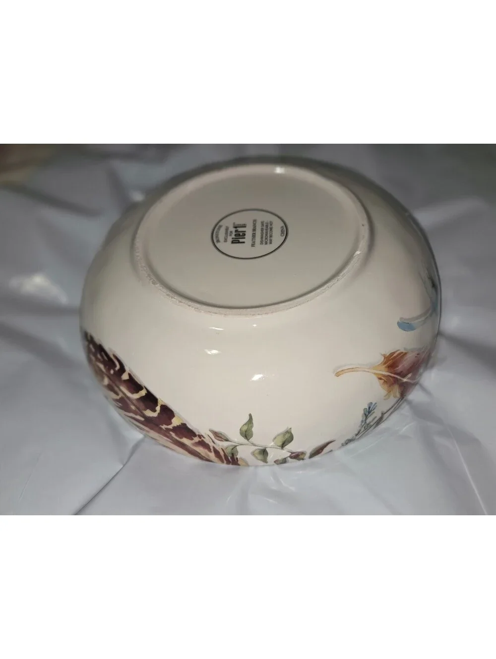 Pier 1 Feather Branch Ceramic Round Bowl, Glossy, Microwave & Dishwasher Safe